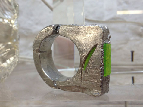 pewter ring with raw, filed effect finish and green flash