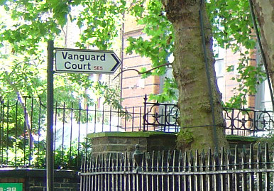 Street sign showing how to find Flux Studios at Vanguard Court, London. Courses for people in Southwark.