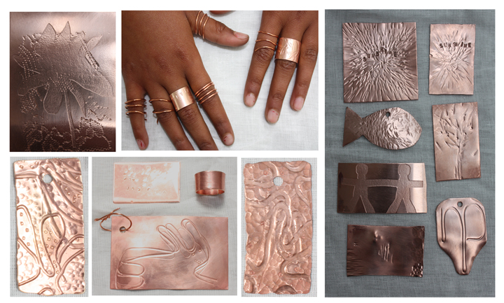 Children make textures on brass and copper sheet using a range of metalworking techniques