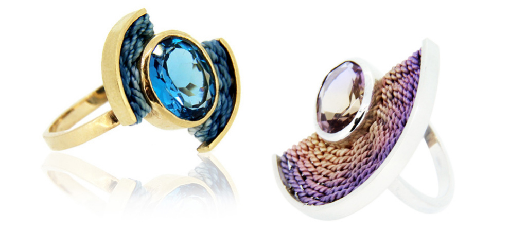 silcer rings with hand dyed silk and precious stones
