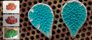 blue cold enamel on etched silver earrings, by Radha; copper Lotus pendants with applied cold enamel