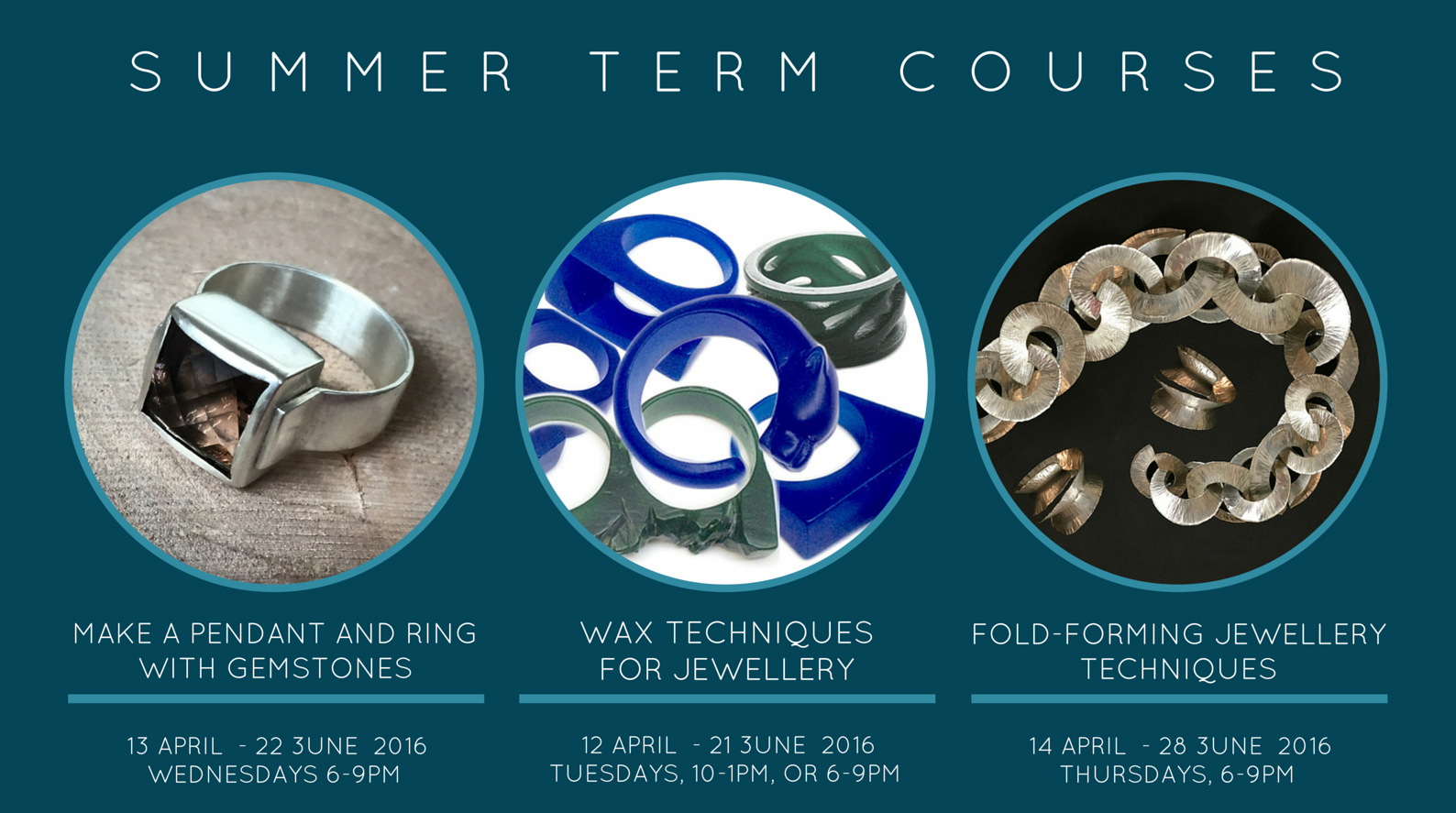 examples of jewellery people can make on jewellery courses in fold forming, wax carving and stone setting, all starting April 2016